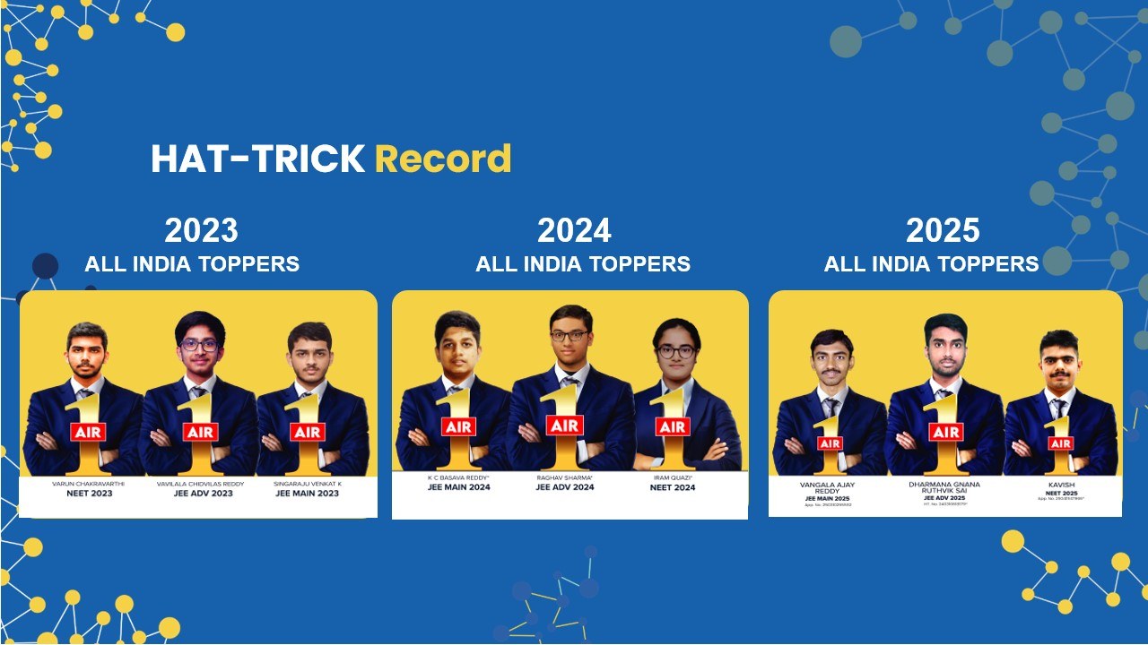 Infinity Learn Hat-Trick Record — All India Rank 1 toppers across NEET, JEE Main and JEE Advanced for three consecutive years (2023, 2024, 2025). Nine AIR 1 students total.